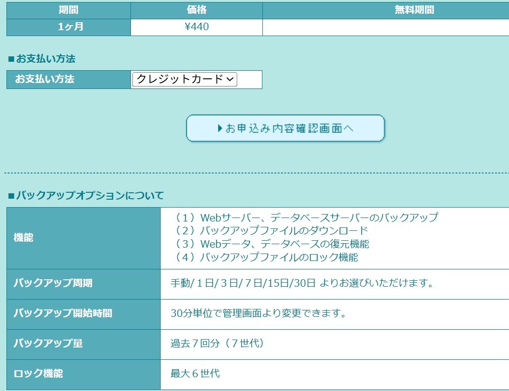 バックアップの申し込み画面